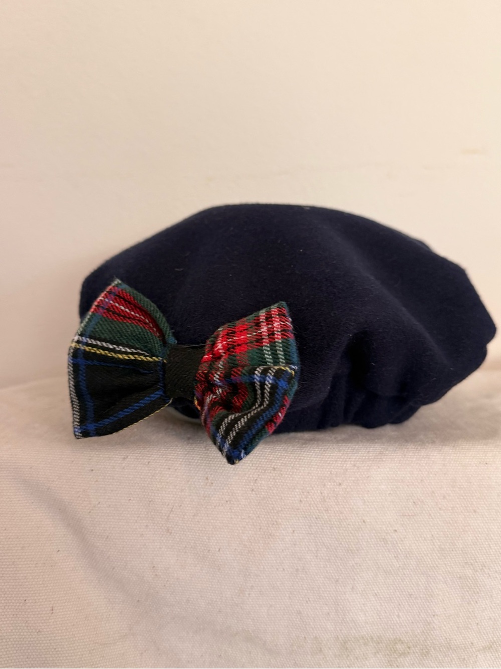 Navy Kids Beret with Plaid Bow
